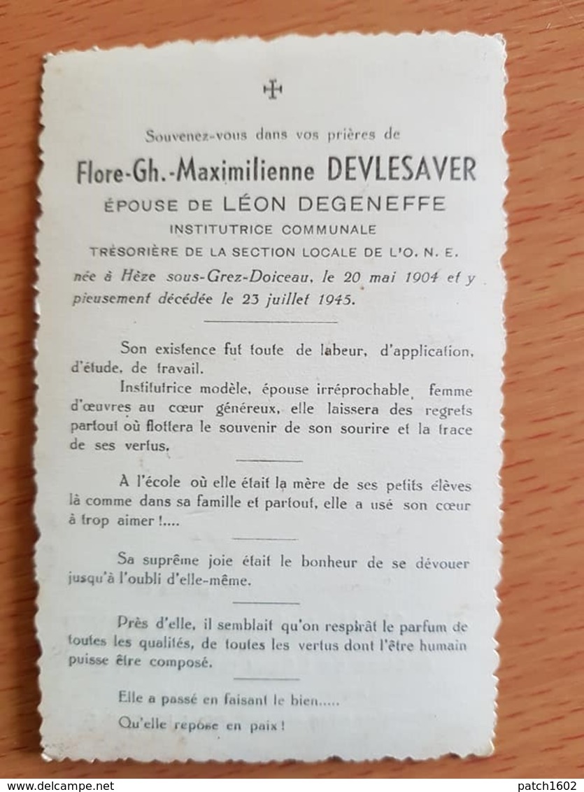 Né A HEZE Sous Grez- Doiceau Le 20/05/1904 FLORE GH. MAXIMILIENNE DEVLESAVER Institutrice Communale. - Images Religieuses