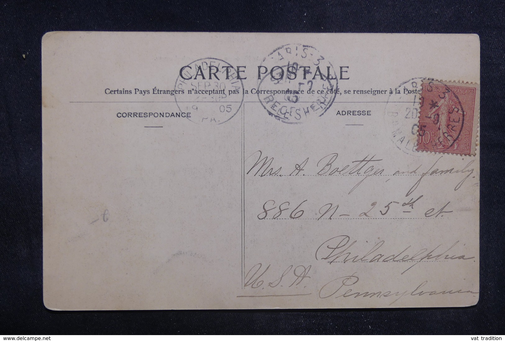 FRANCE - Type Semeuse Sur Carte Postale De Paris En 1905 Pour Les Etats Unis - L 38618 - 1877-1920: Période Semi Moderne