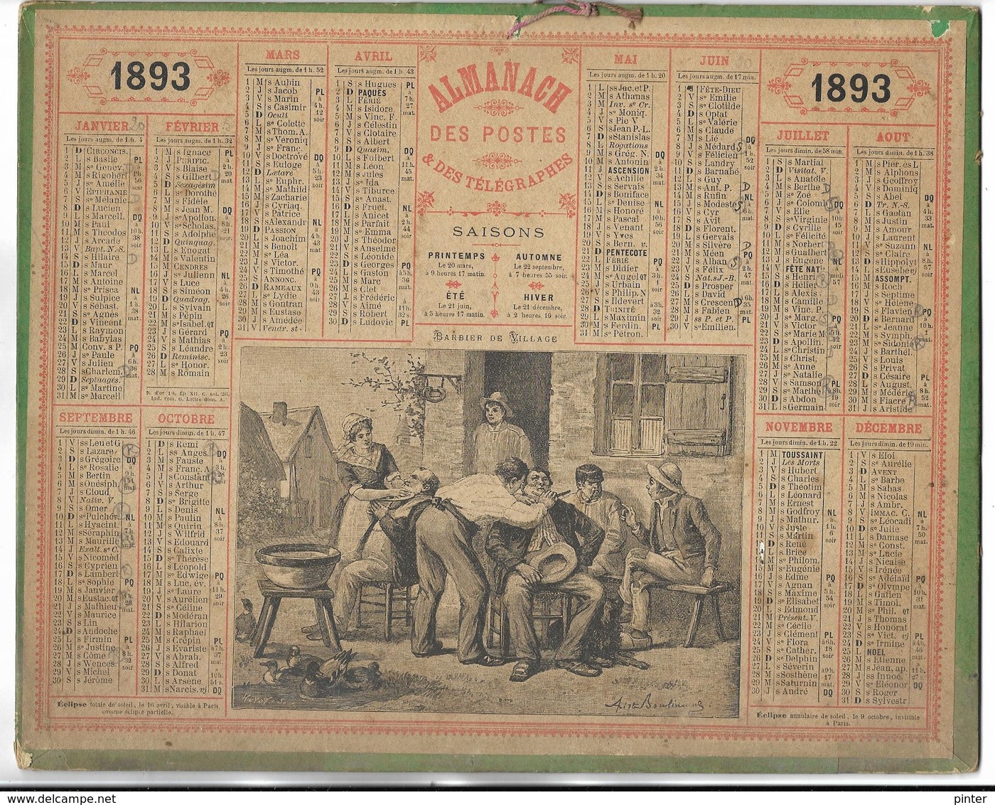 CALENDRIER De 1893 - Format 26.5 X 21 Cm - 3 Feuillets Au Verso De La Gironde - Big : ...-1900