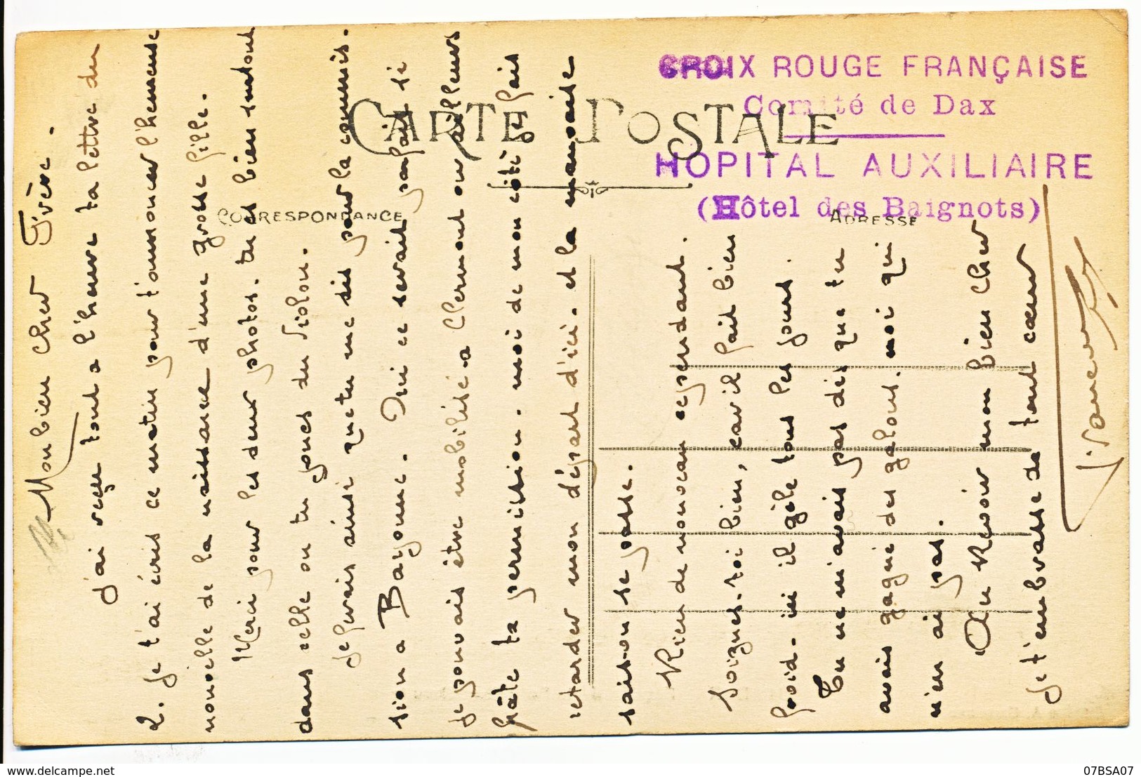 LANDES CP 191? DAX HOPITAL AUXILIAIRE HOTEL DES BAIGNOTS CROIX ROUGE COMITE DE DAX - 1877-1920: Période Semi Moderne