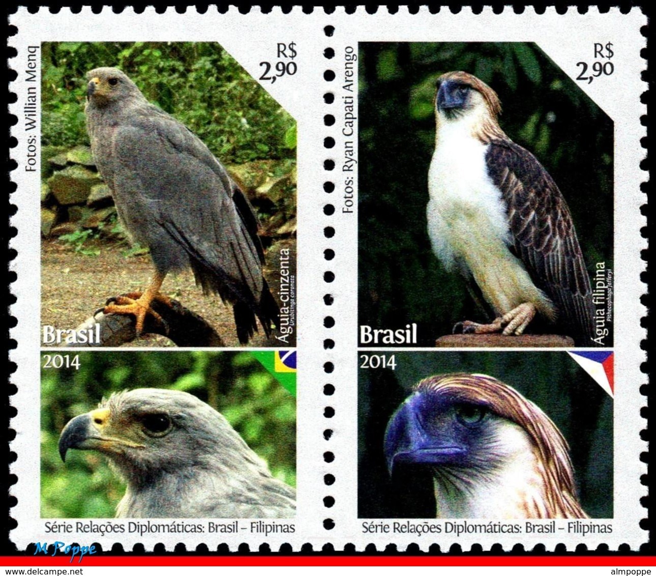 Ref. BR-3278 BRAZIL 2014 BIRDS, DIPLOMATIC RELATIONS WITH, PHILIPPINES, EAGLES, MNH 2V Sc# 3278 - Nuovi