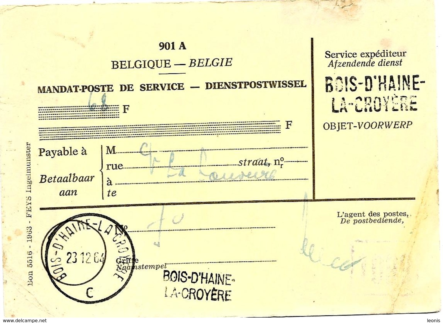 LE 0113. Mandat De Poste De Service (68 F) Càd + 2 GRIFFES Différentes BOIS-D'HAINE-LA-CROYERE. TB - Langstempel