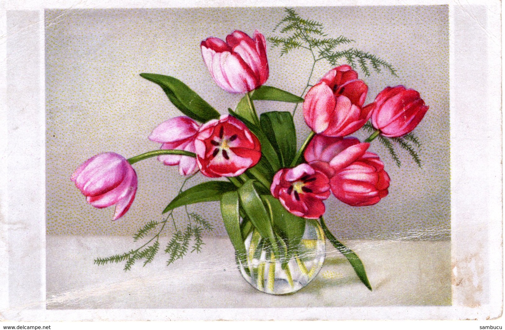 Tulpenstrauß Grußkarte 1945 Karlshof Chiemsee - Blumen