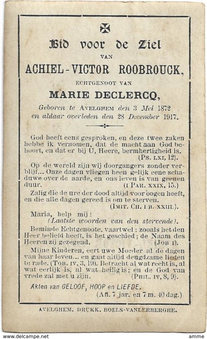 Doodsprentje  *  Roobrouck Achiel-Victor (° Avelghem 1872 / + Avelgem 1917)  X Declercq Marie - Religione & Esoterismo