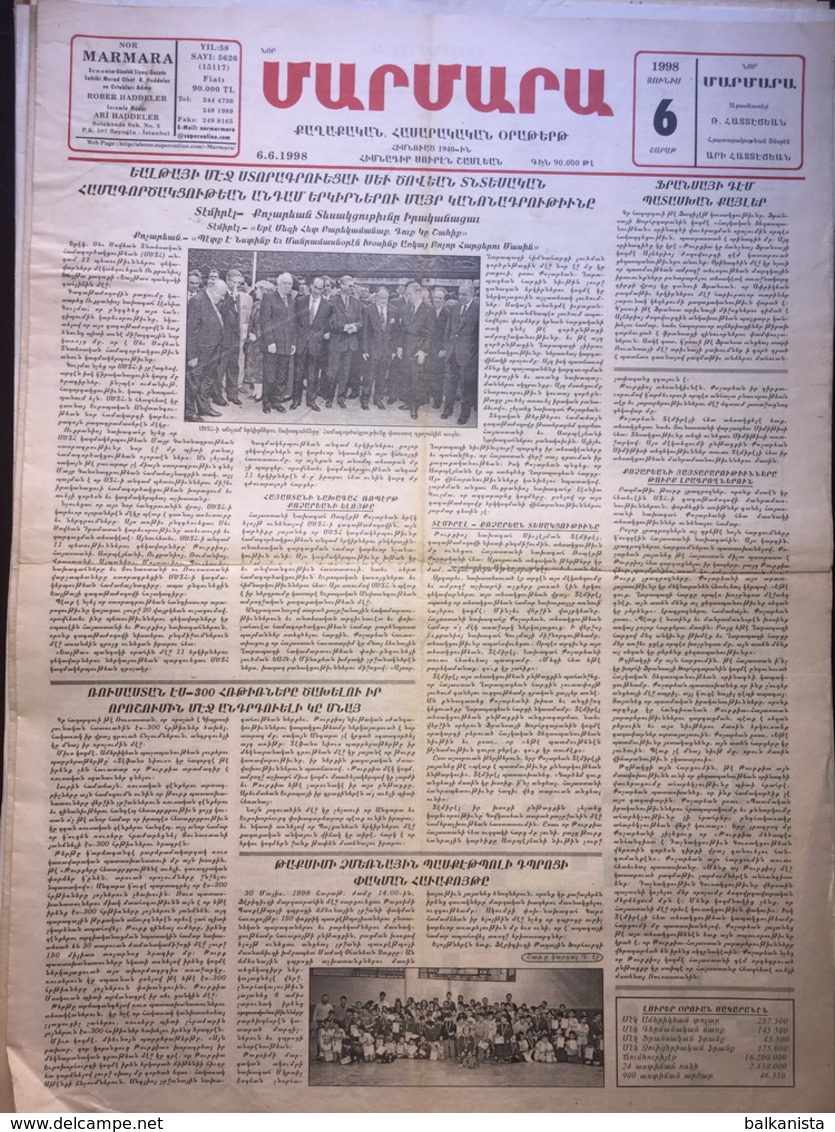 Nor Marmara 6 June 1998 [Armenian Newspaper; Istanbul; Turkey] - Andere & Zonder Classificatie