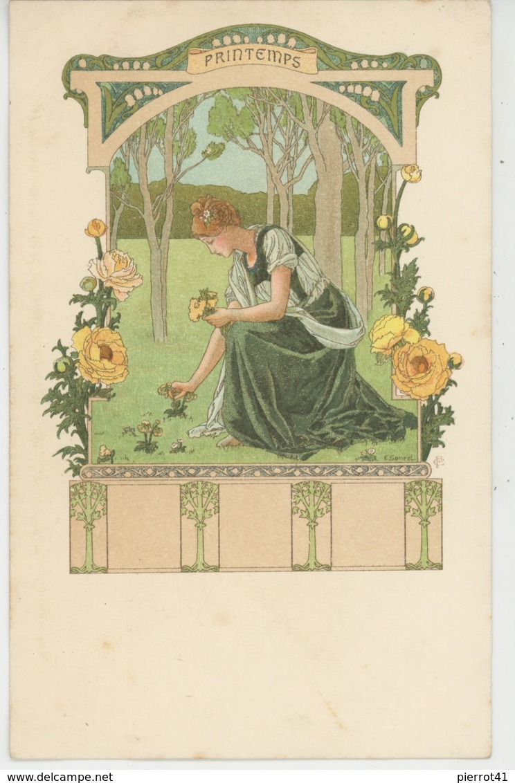 FEMMES - Jolie Carte Fantaisie Femme ART NOUVEAU - Les Saisons : PRINTEMPS - Signée ELISABETH SONREL (carte Précurseur) - Autres & Non Classés