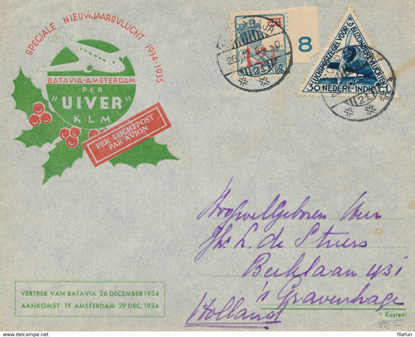 Nederlands Indië - 1934 - SCVT Uiver-cover Verzonden Per IJsvogel (ivm Uivercrash) Van Soerabaja Naar Den Haag - Nederlands-Indië