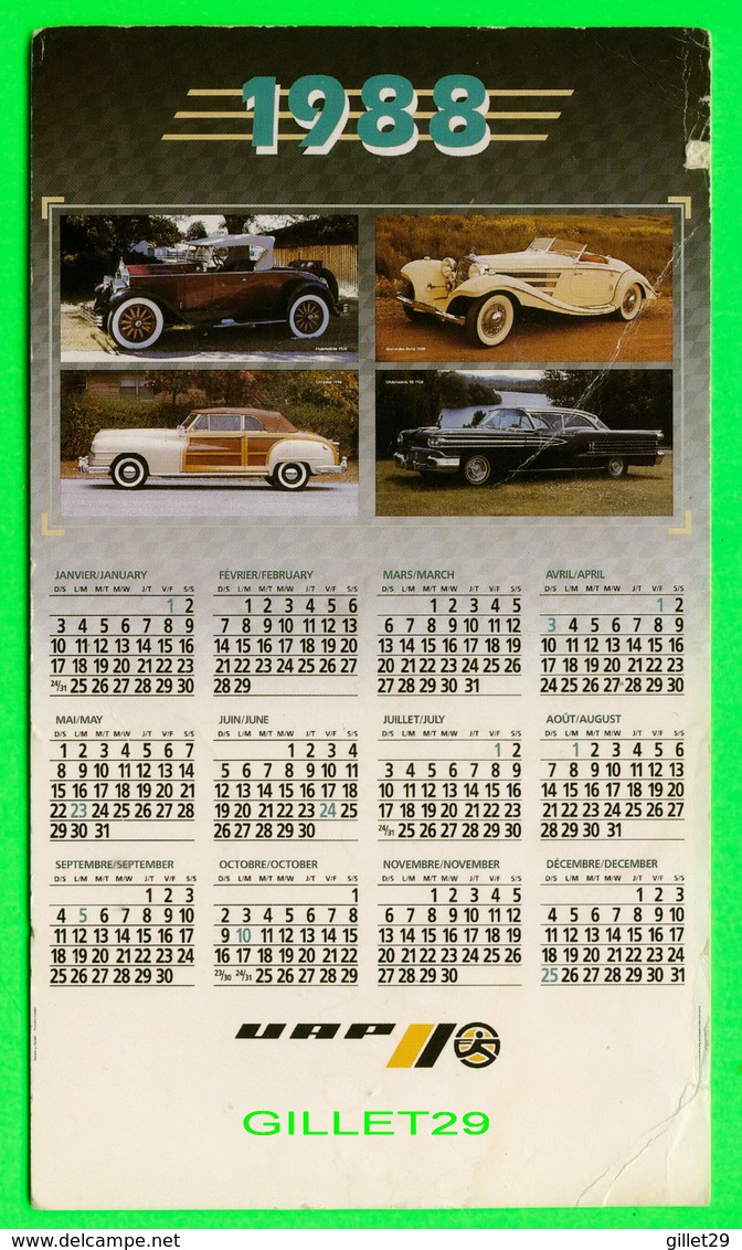 CALENDRIER 1988 - 4 VOITURES DE TOURISME ANCIENNE - PUBLICITÉE  UAP - DIMENSION 10 X 18 Cm - - Small : 1981-90