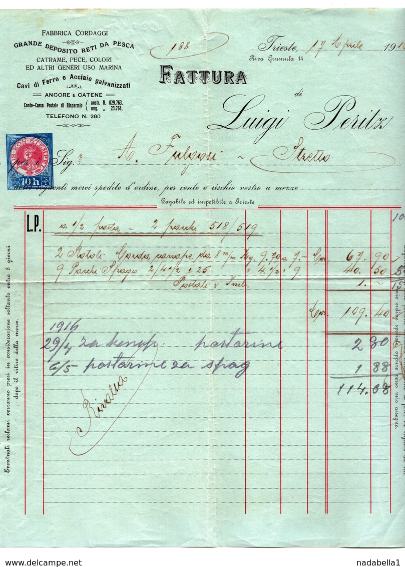 1916 ITALY, TRIESTE,  COMPANY INVOICE, FATTURA, LUIGI PERITZ, MARINE GOODS SUPPLIER, 1 IMPRINTED FISKAL STAMP - Revenue Stamps