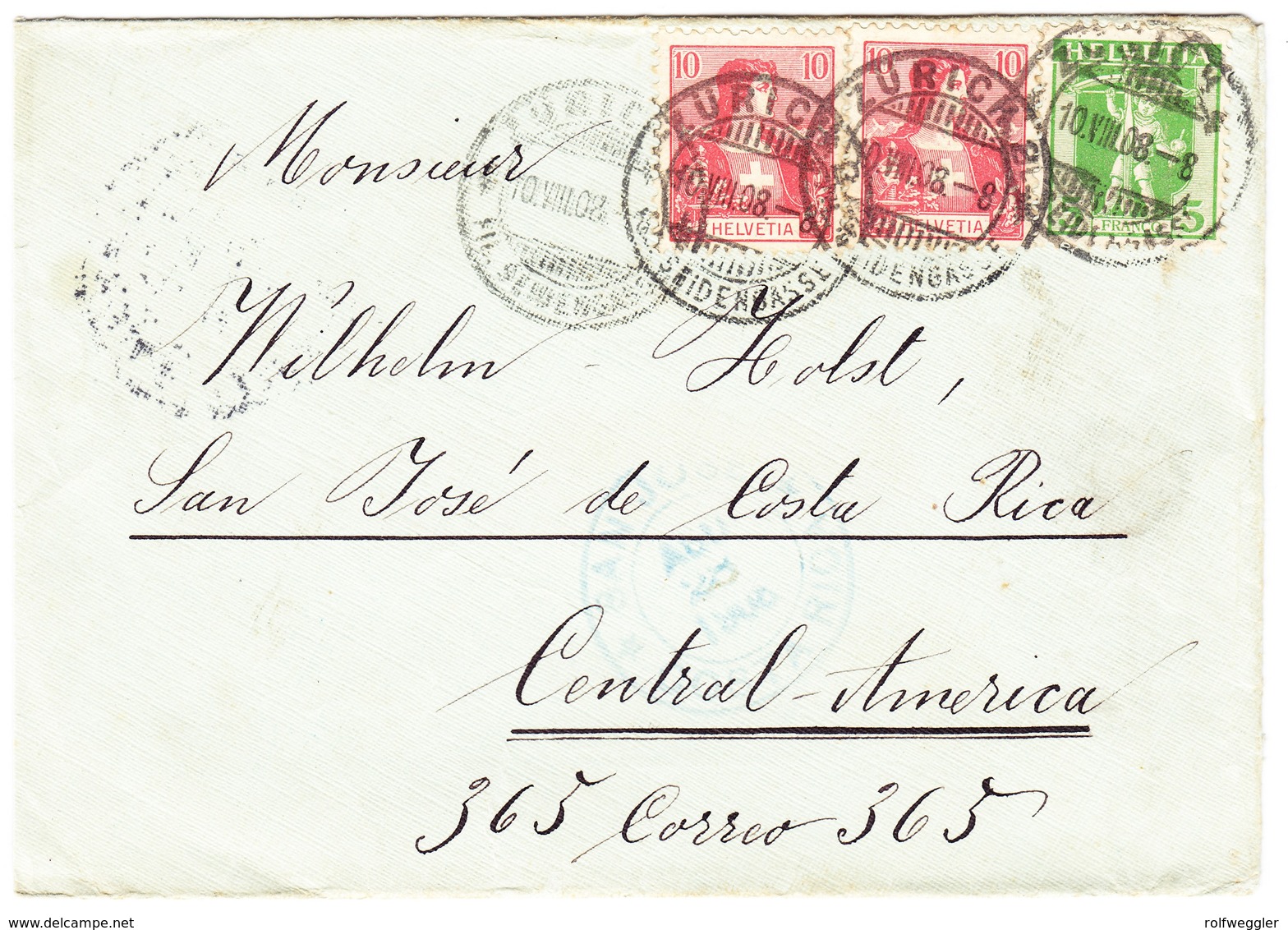 1908 Brief Aus Zürich Nach San Jose Costa Rica; Rückseitig Transitstempel, Leicht Fleckig - Briefe U. Dokumente