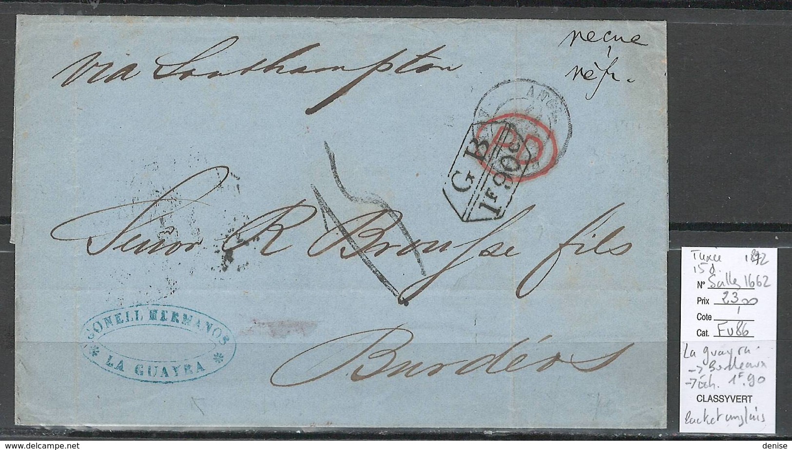 France -Lettre De LA GUAYRA - Pour Bordeaux - 1872 - Marque D'echange Franco Britannique 1f90 - Maritime Post