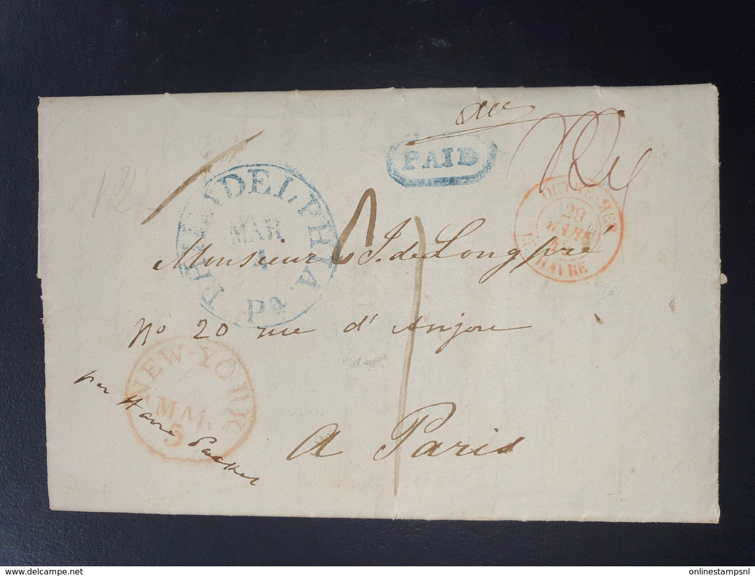 USA Letter Philadelphia - New York - Paris France  PAID In Blue Outremer Par Le Havre 1842 - …-1845 Préphilatélie