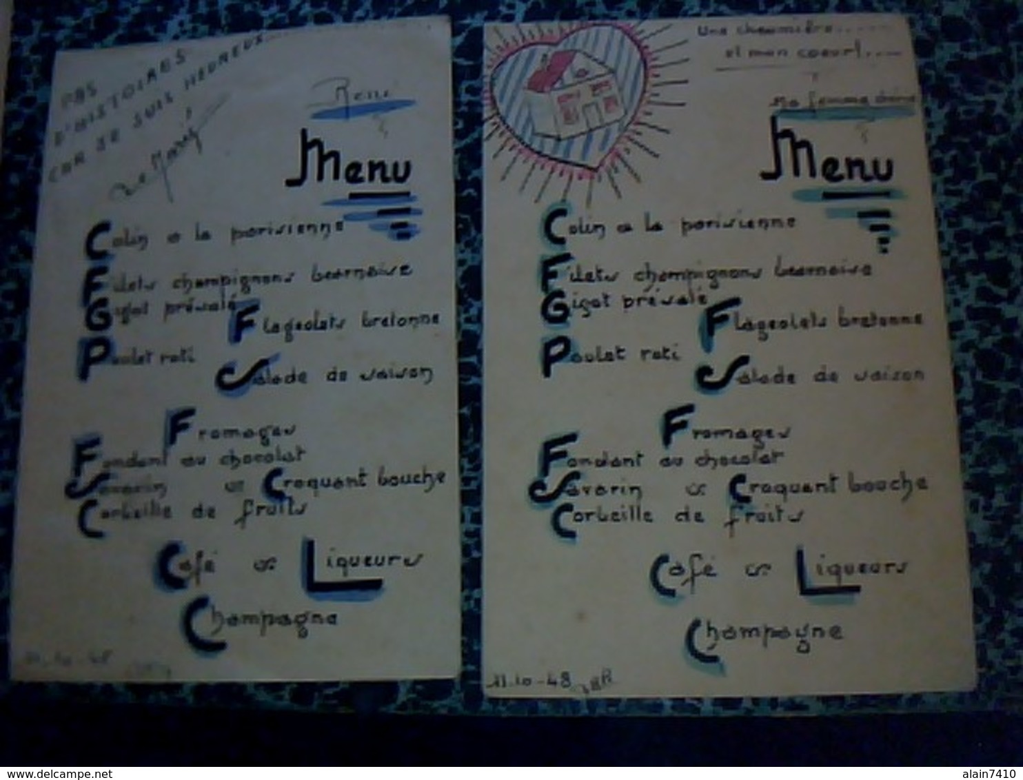 2 Menu Anciens DE Mariage Differents Dates De 1948 Faits Main - Menus