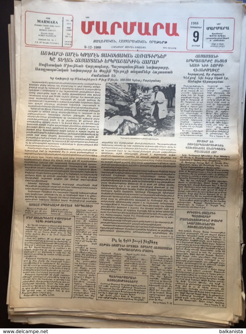 Nor Marmara 9 December 1988 [Armenian Newspaper; Istanbul; Turkey] - Autres & Non Classés