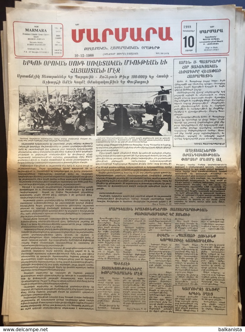 Nor Marmara 10 December 1988 [Armenian Newspaper; Istanbul; Turkey] - Andere & Zonder Classificatie