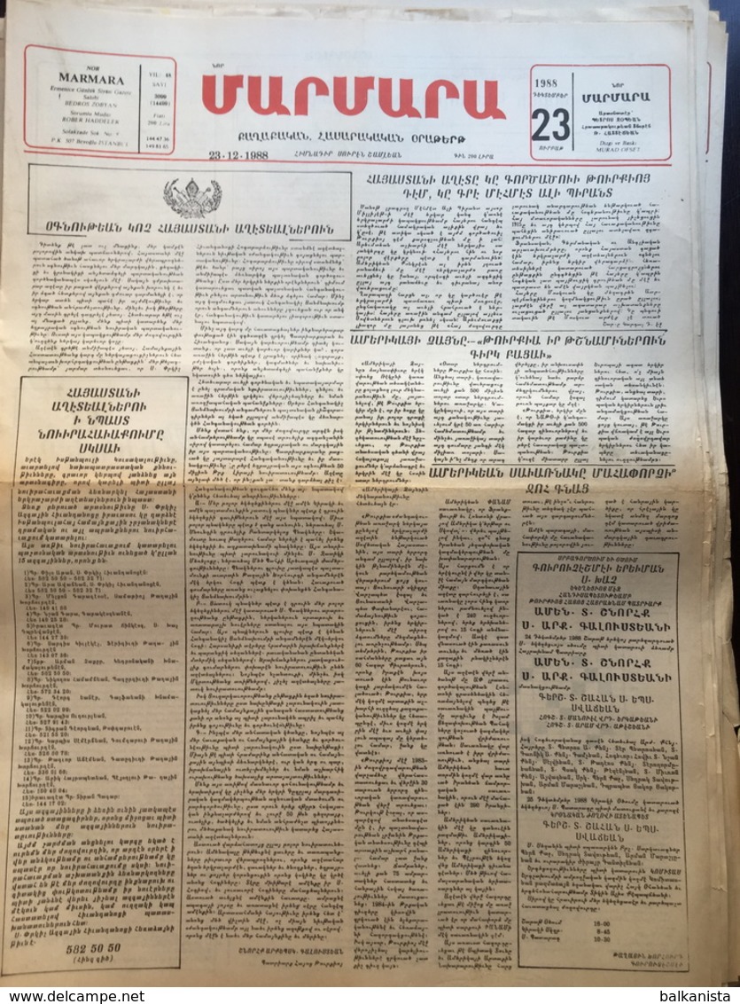 Nor Marmara 23 December 1988 [Armenian Newspaper; Istanbul; Turkey] - Andere & Zonder Classificatie