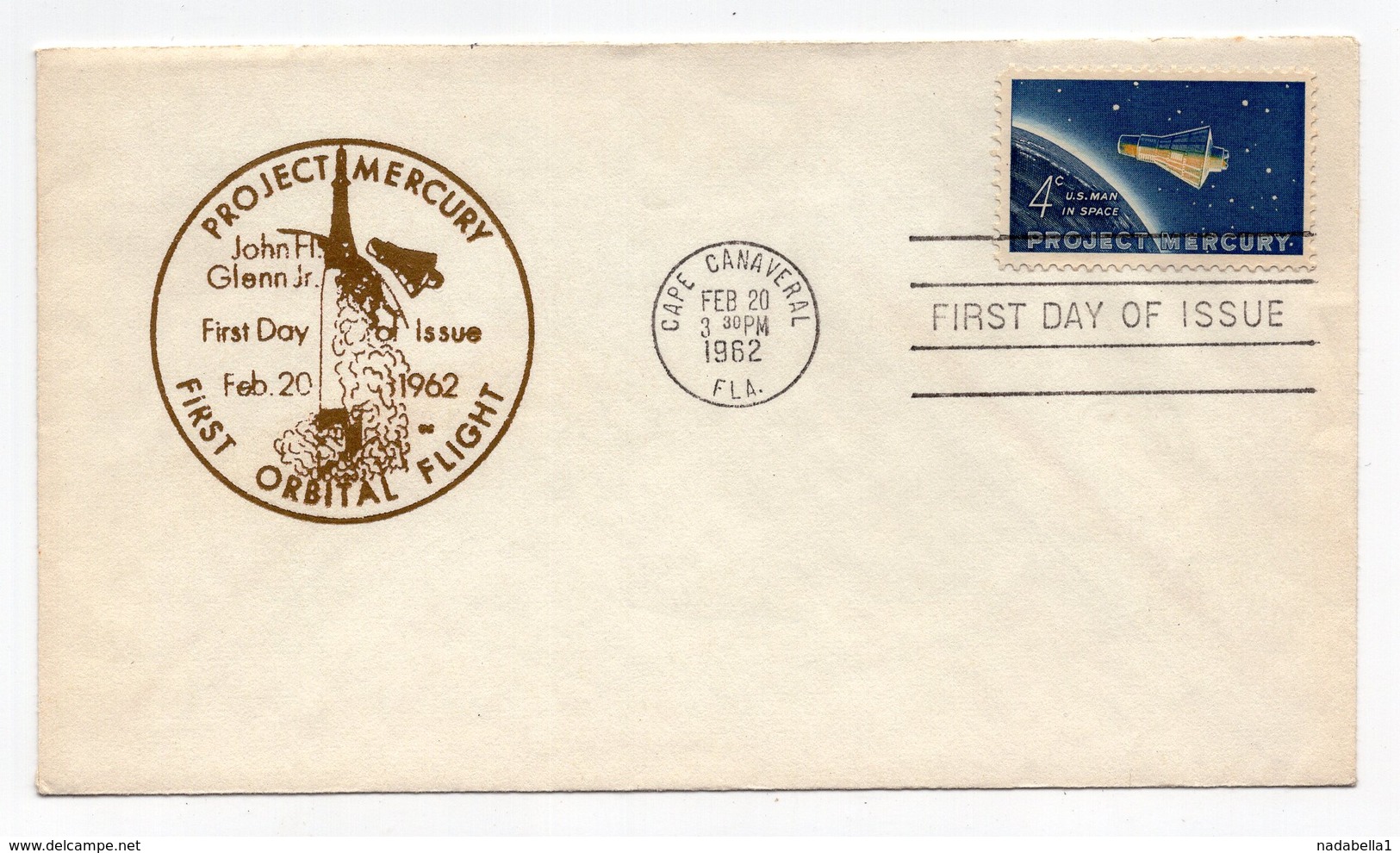 USA, 20.02.1962. FDC, COMMEMORATIVE ISSUE: COSMO PROJECT MERCURY, GOLD PRINT - 1961-1970