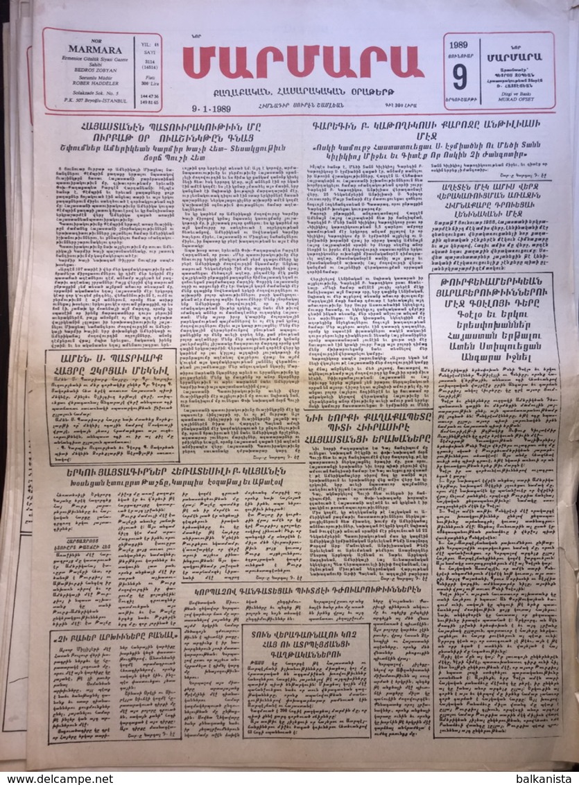 Nor Marmara 9 January 1989 [Armenian Newspaper; Istanbul; Turkey] - Autres & Non Classés