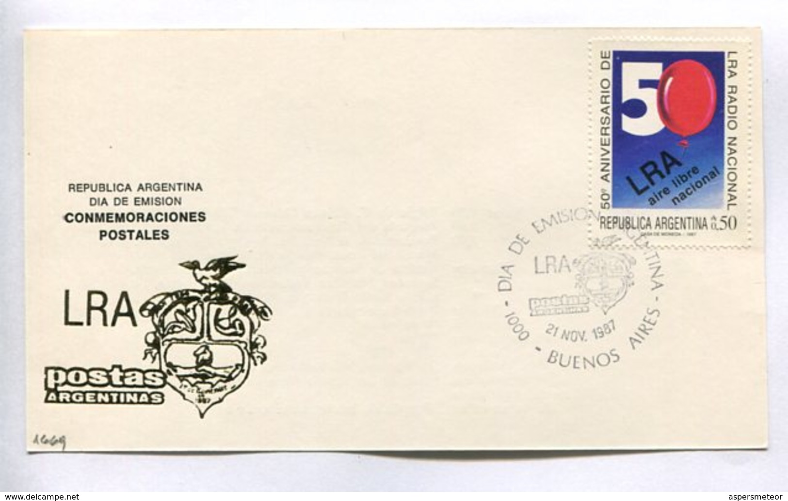 50° ANIVERSARIO DE LRA RADIO NACIONAL, CONMEMORACIONES POSTALES. ARGENTINA 1987 TARJETA DIA DE EMISION FDC CARD - LILHU - Sin Clasificación