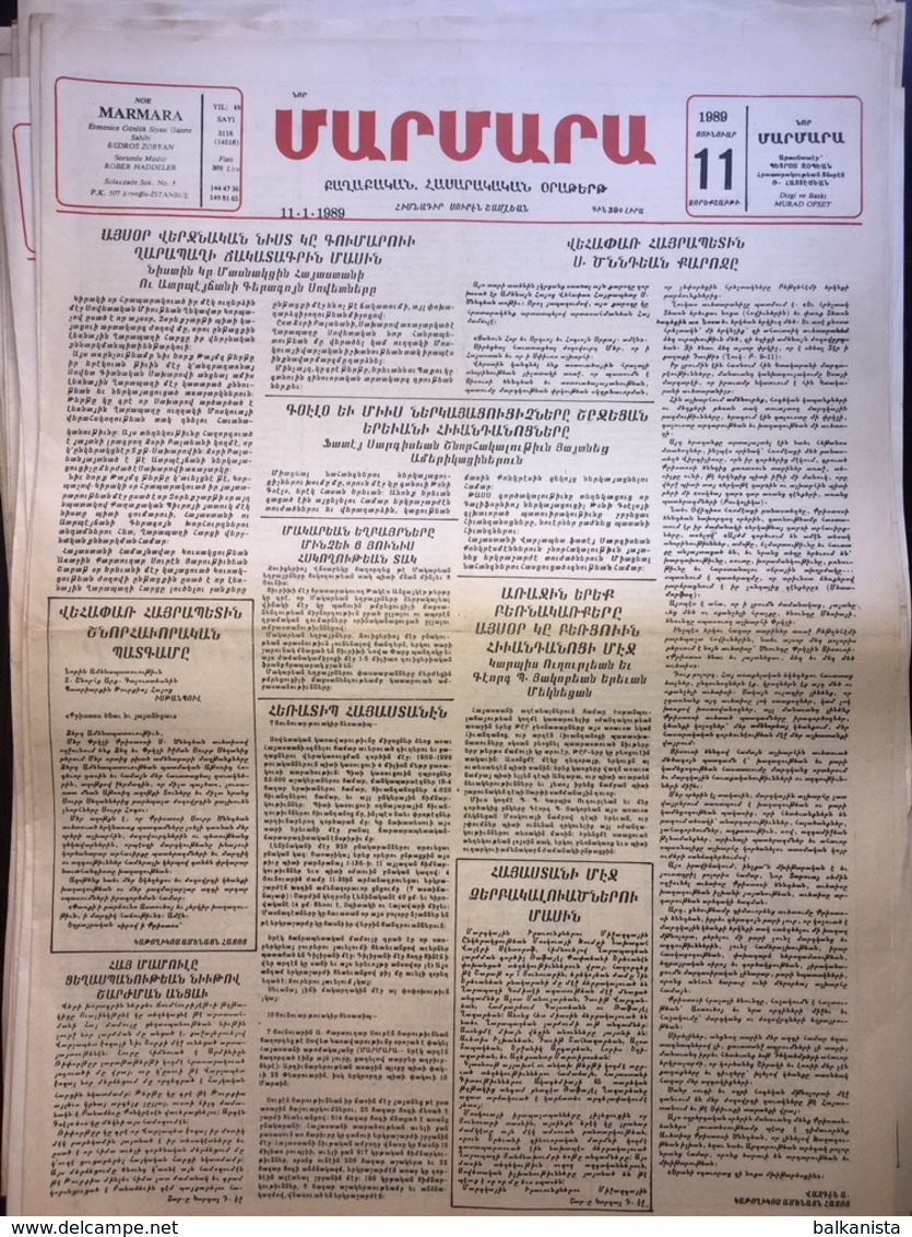 Nor Marmara 11 January 1989 [Armenian Newspaper; Istanbul; Turkey] - Autres & Non Classés