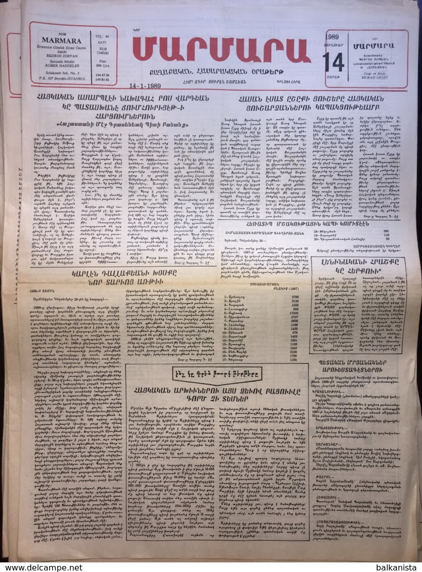 Nor Marmara 14 January 1989 [Armenian Newspaper; Istanbul; Turkey] - Autres & Non Classés