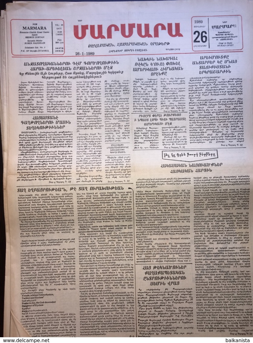Nor Marmara 26 January 1989 [Armenian Newspaper; Istanbul; Turkey] - Autres & Non Classés