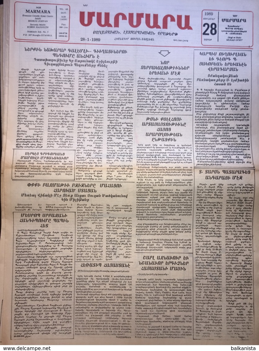 Nor Marmara 28 January 1989 [Armenian Newspaper; Istanbul; Turkey] - Otros & Sin Clasificación