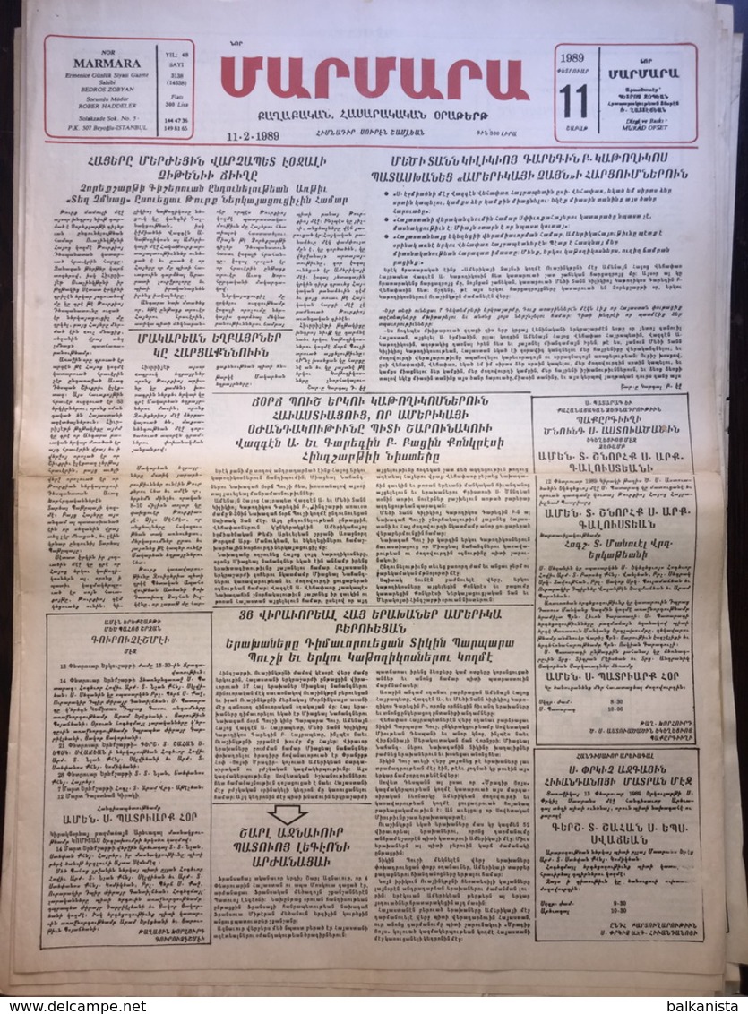 Nor Marmara 11 February 1989 [Armenian Newspaper; Istanbul; Turkey] - Autres & Non Classés