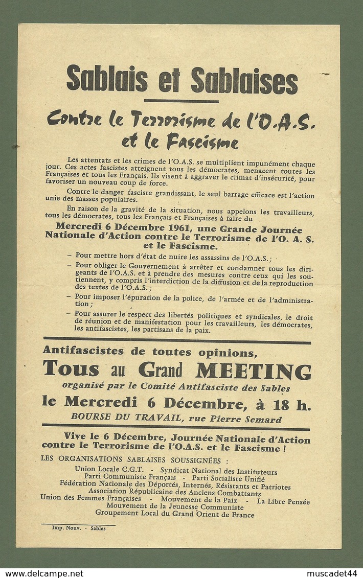 DOCUMENT LES SABLES D OLONNE TRACT MEETING CONTRE LE TERRORISME DE L OAS ET LE FASCISME 12/1961 - Historical Documents