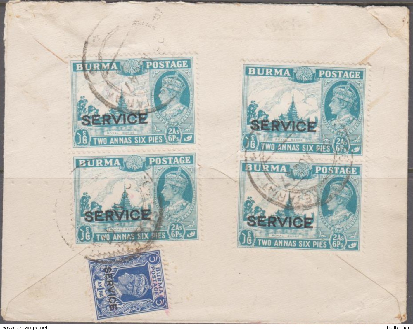 BURMA  - 1947 -SERVICE COVER RANGOON TO LONDON , FRANKED 2AP6PS X 4 = OTHER SERVICE STMPS - Burma (...-1947)