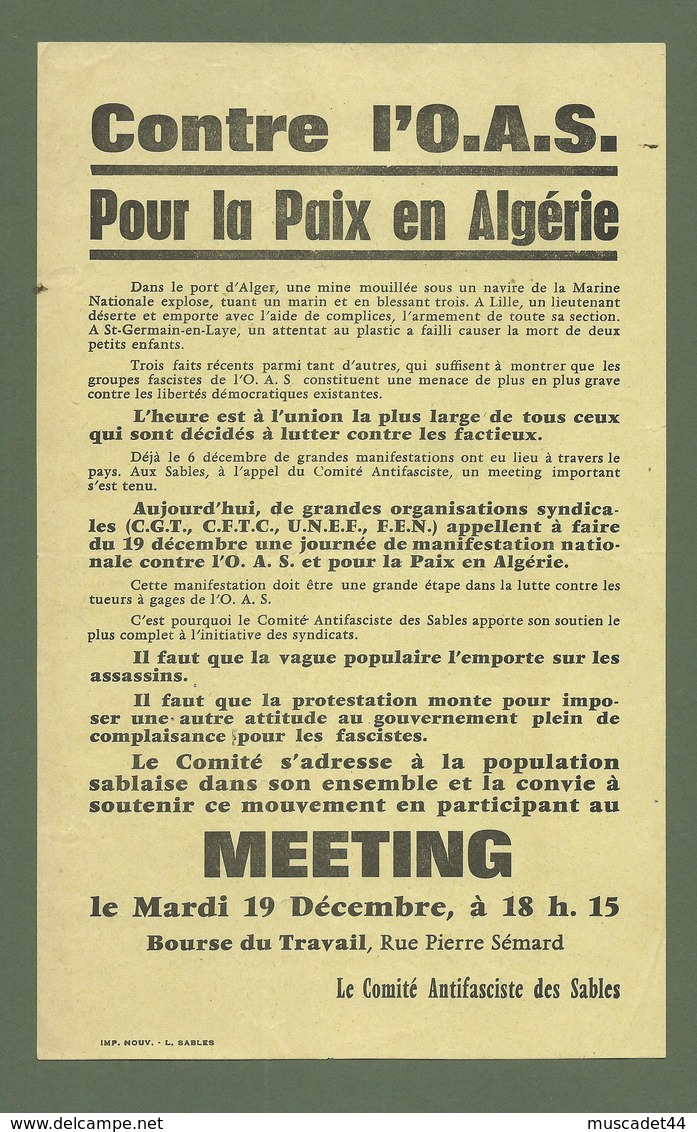 DOCUMENT LES SABLES D OLONNE TRACT MEETING CONTRE  L OAS POUR LA PAIX EN ALGERIE 12/1961 - Documents Historiques