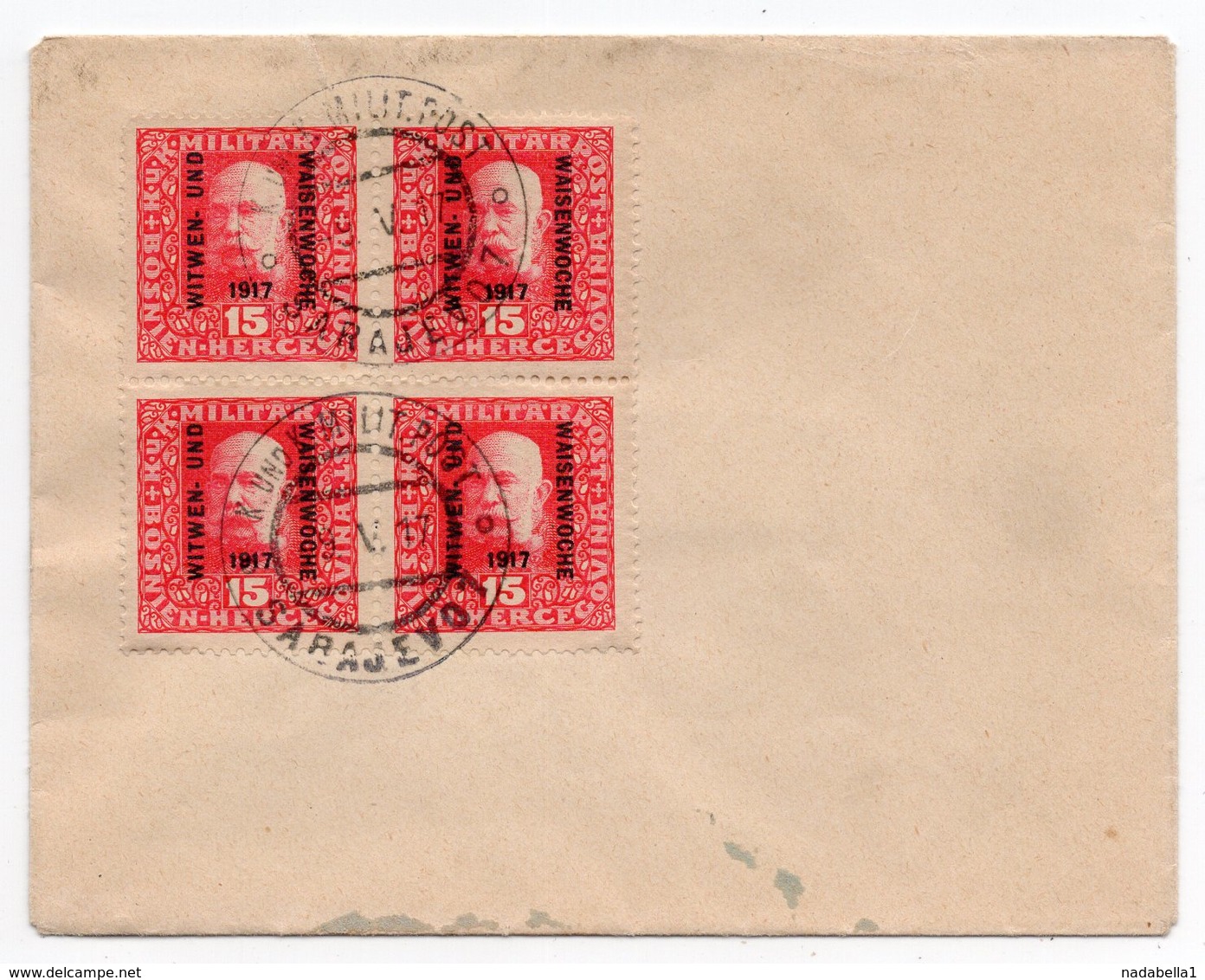 09.05.1917. AUSTRO HUNGARIAN EMPIRE, KUK MILITARY POST, OCCUPATION OF BOSNIA AND HERZEGOVINA, BLOCK OF FOUR STAMPS - Covers & Documents