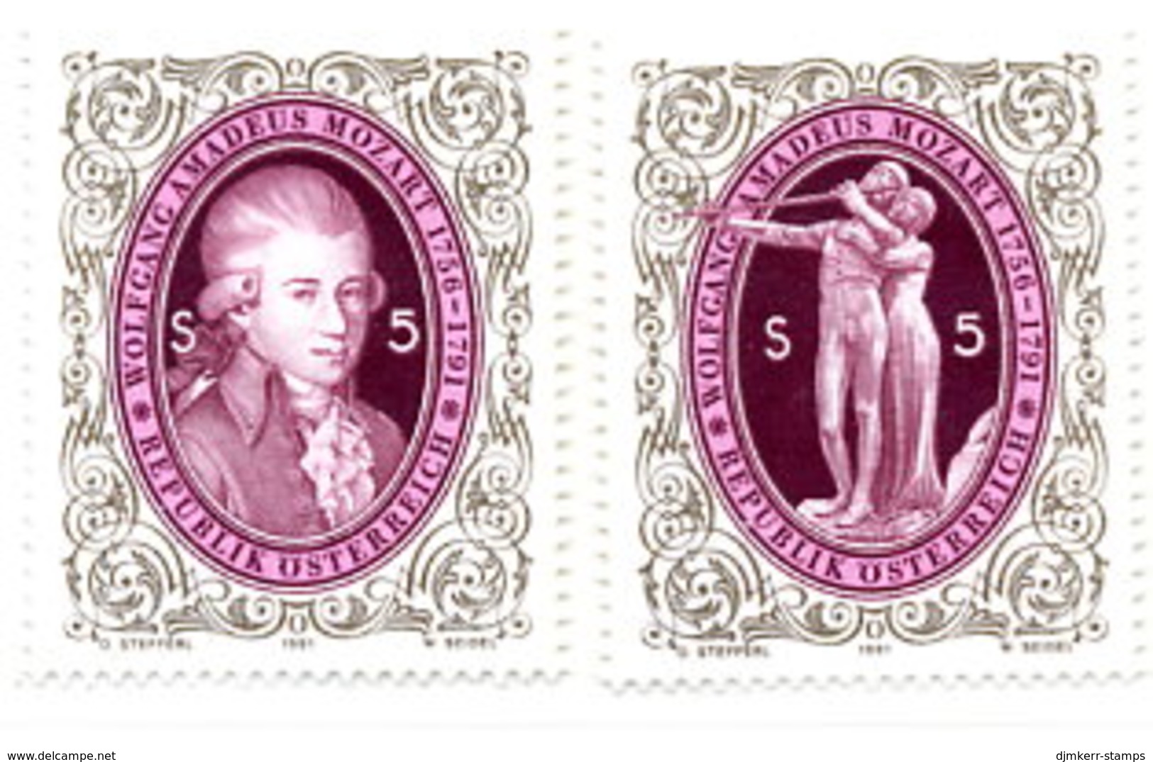 AUSTRIA 1991 Mozart Bicentenary Singles Ex Block, MNH / **.  Michel 2021-22 - Unused Stamps