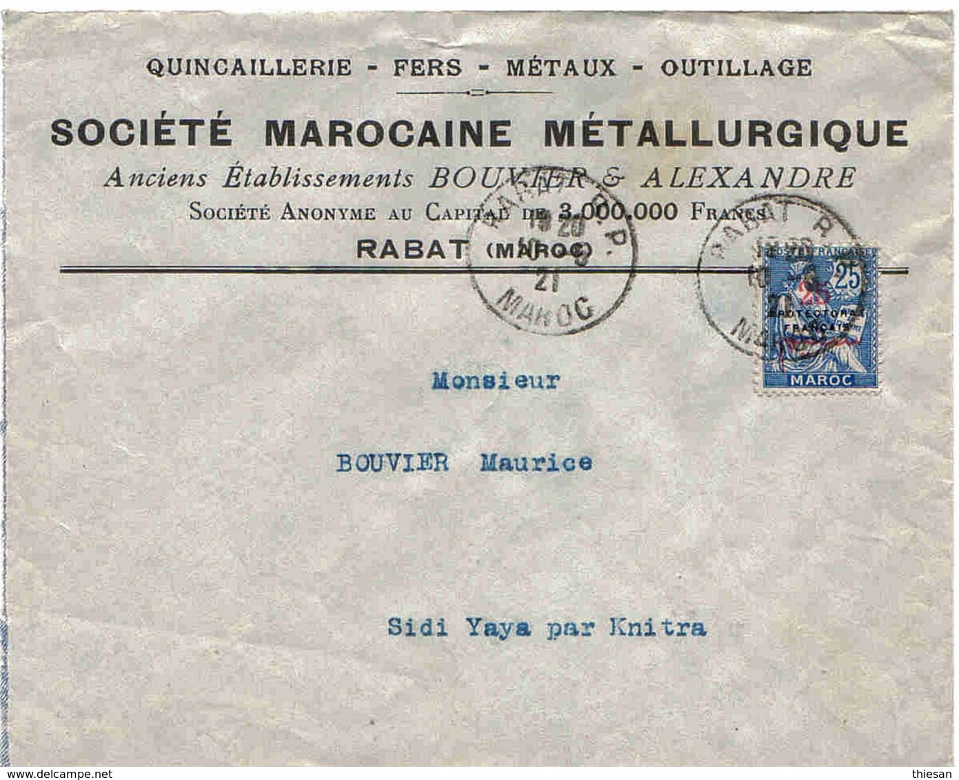 Maroc Morocco Marruecos Marokko Lettre Cover Belege Carta Rabat 10/5/1921 Métallurgie Mouchon - Covers & Documents