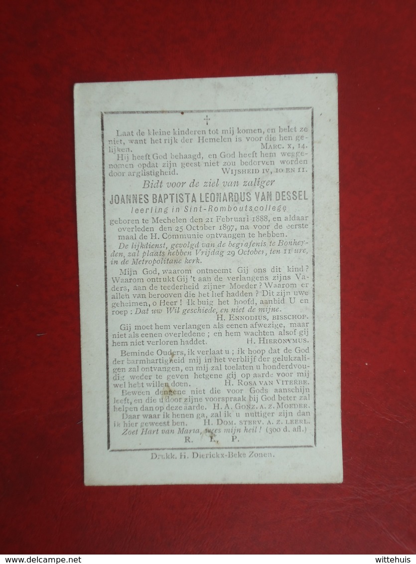 Joannes Van Dessel Geboren Te Mechelen 1888 En Aldaar Overleden 1897    (2scans) - Religion & Esotericism