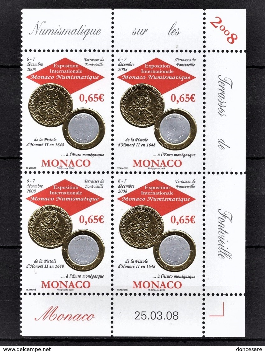 MONACO 2008  - BLOC DE 4 TP / Y.T. 2641 - NEUFS ** COIN DE FEUILLE / DATE - Unused Stamps