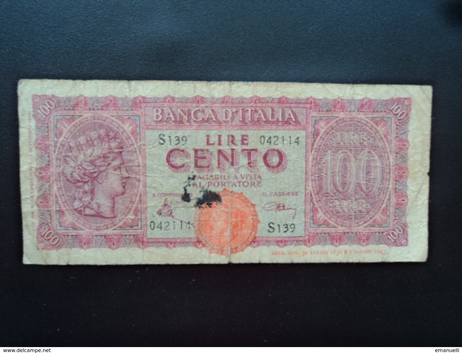 ITALIE : 100 LIRE   10.12.1944    P 75 / CI 21 BS 260A    B+ - 100 Liras