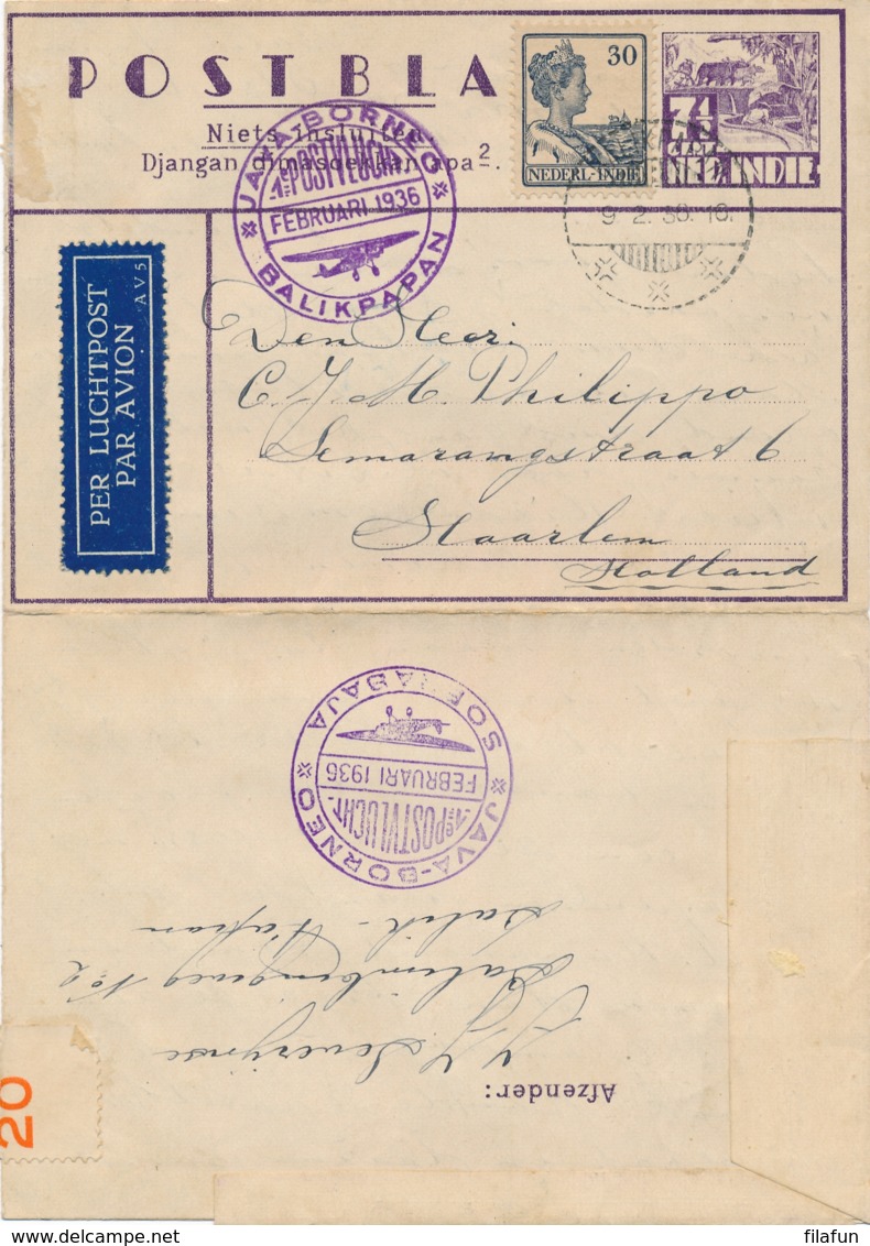 Nederlands Indië - 1936 - 7,5 Cent Karbouw, Postblad G3b + 30 Cent Met Speciale Vlucht Balikpapan-Soerabaja Naar Haarlem - Nederlands-Indië