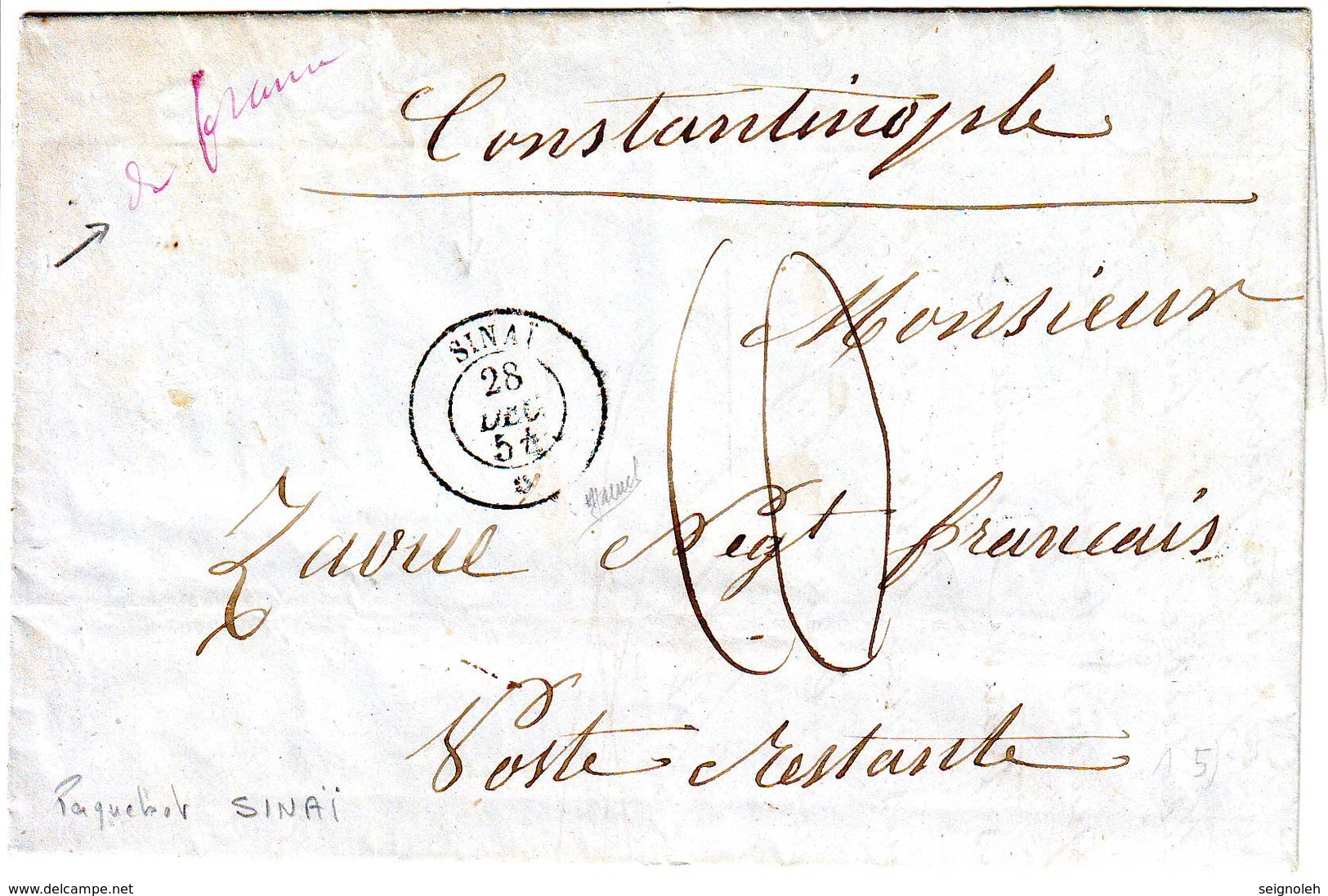 Cachet De Paquebot SINAI Sur Lettre De Marseille Pour POSTE RESTANTE à CONSTANTINOPLE 28 DEC 1854 - 1877-1920: Semi Modern Period