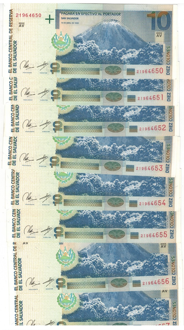 El Salvador 10 Colones 1999, UNC, COSEC. NUMBERS. (11.30 Usd X1) - El Salvador