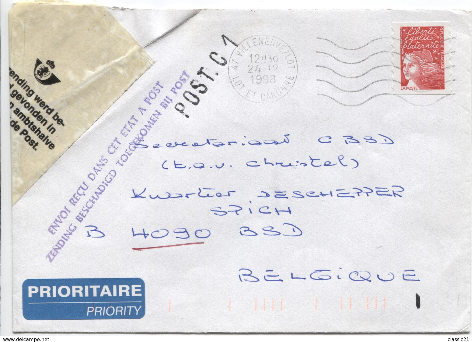 3266/ L.France Villeneuve S/Lot 1998 > Spich 4090 BSD Accidentée&réparée Griffe Mauve Envoi Reçu Ds Cet état à Post. C 1 - Lettres & Documents