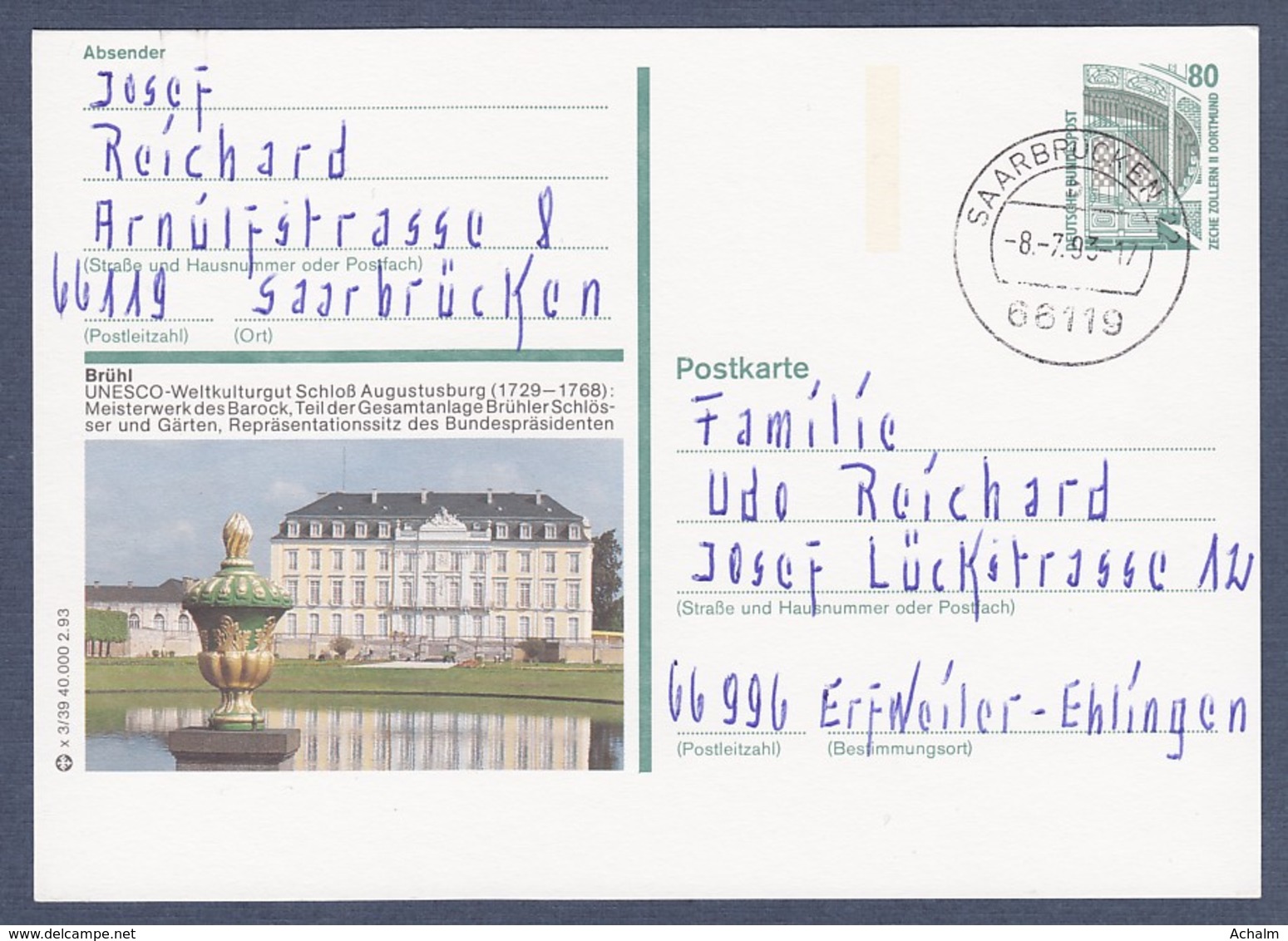 Germany-BRD - Bildpostkarte Von 1993 - P 151 X 3/39 - Gebraucht - Brühl, Schloss Augustusburg (P151x) - Illustrated Postcards - Used