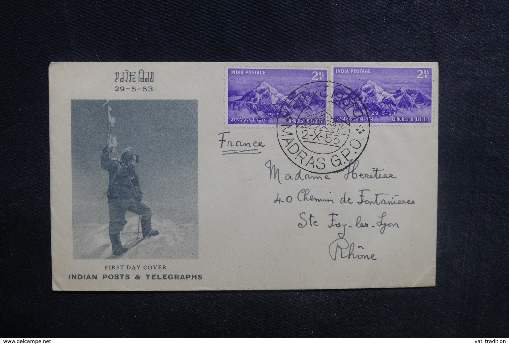 INDE - Enveloppe FDC En 1953 ( Conquête De L 'Everest ) Pour La France - L 38694 - FDC