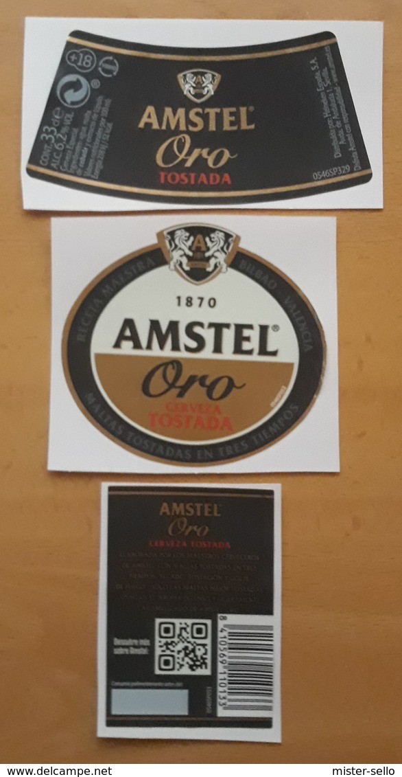 LOTE DE 3 ETIQUETAS CERVEZA AMSTEL ORO. - Cerveza