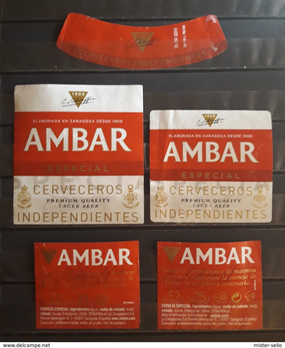 LOTE DE 5 ETIQUETAS CERVEZA AMBAR - LA ZARAGOZANA. - Cerveza