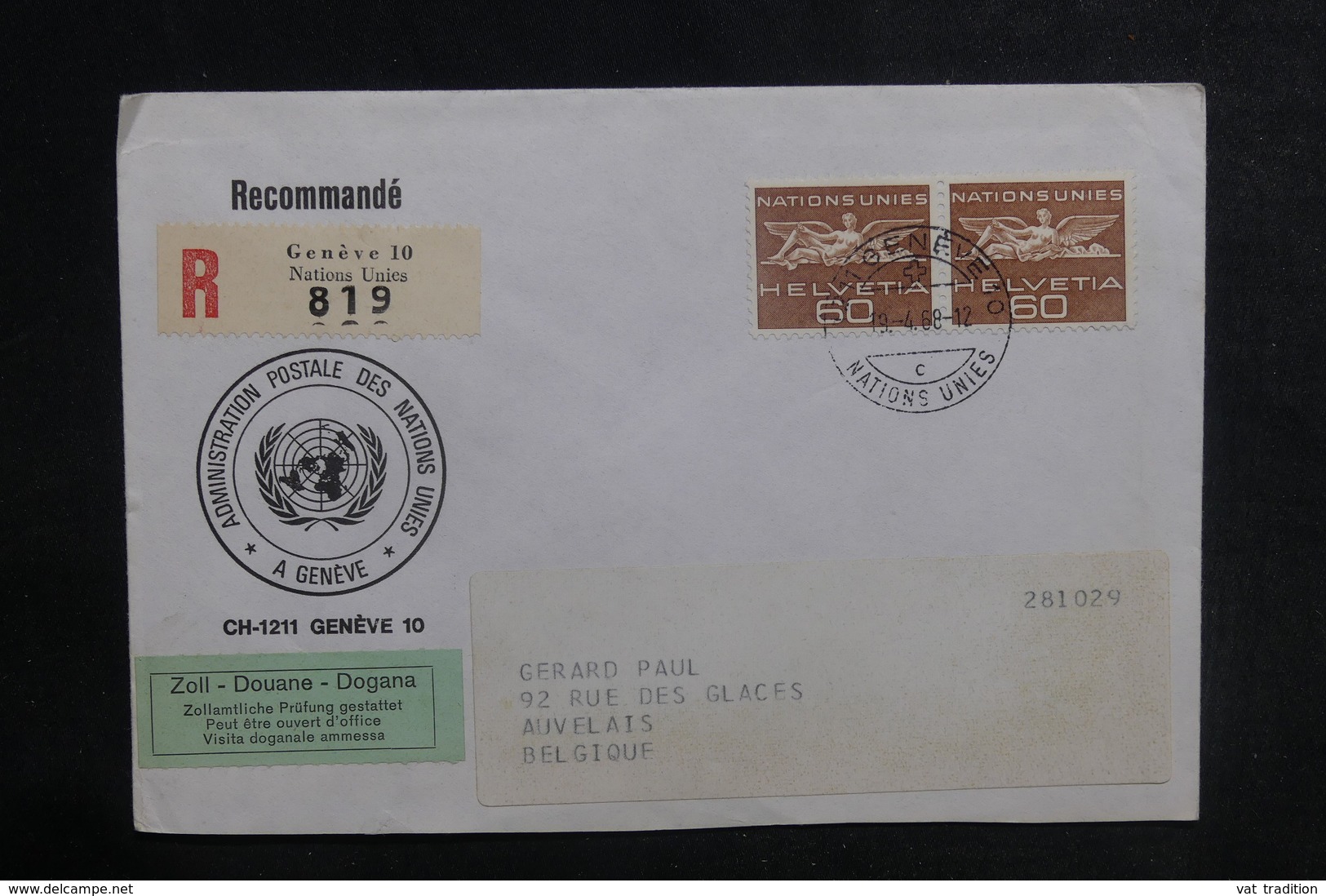 NATIONS UNIES - Enveloppe En Recommandé De Genève Pour La Belgique En 1968 - L 38722 - Briefe U. Dokumente