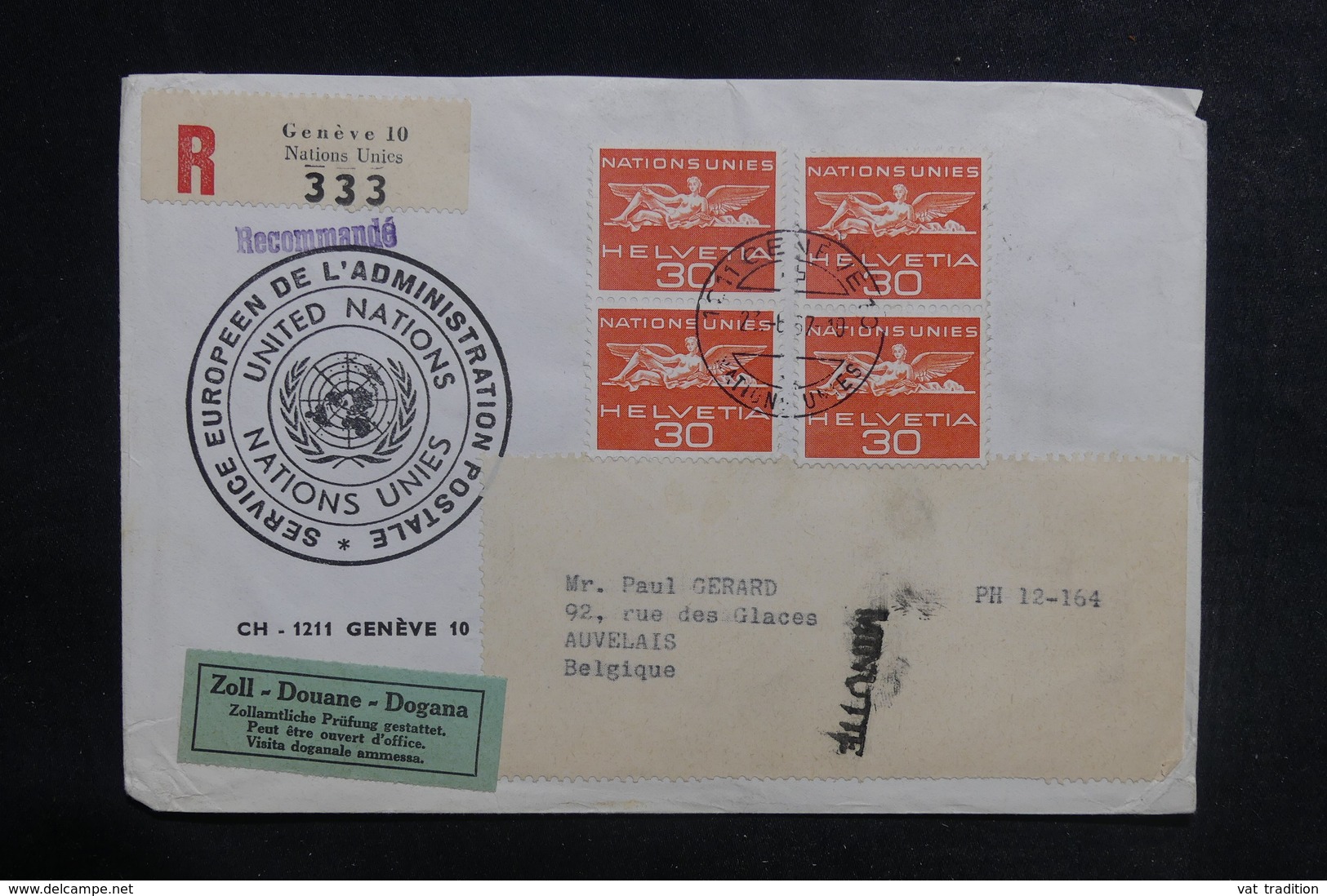 NATIONS UNIES - Enveloppe En Recommandé De Genève Pour La Belgique En 1967 - L 38723 - Brieven En Documenten