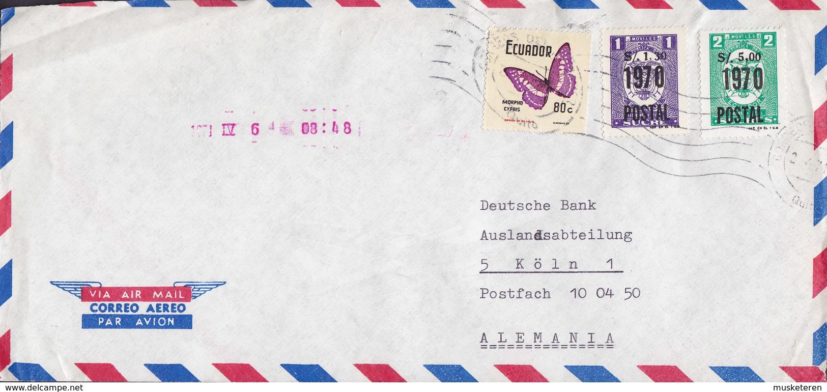 Ecuador Correo Aereo QUITO 1971 Cover Letra DEUTSCHE BANK Köln Butterfly Schmetterling Papillon & Overprinted Stamps - Ecuador