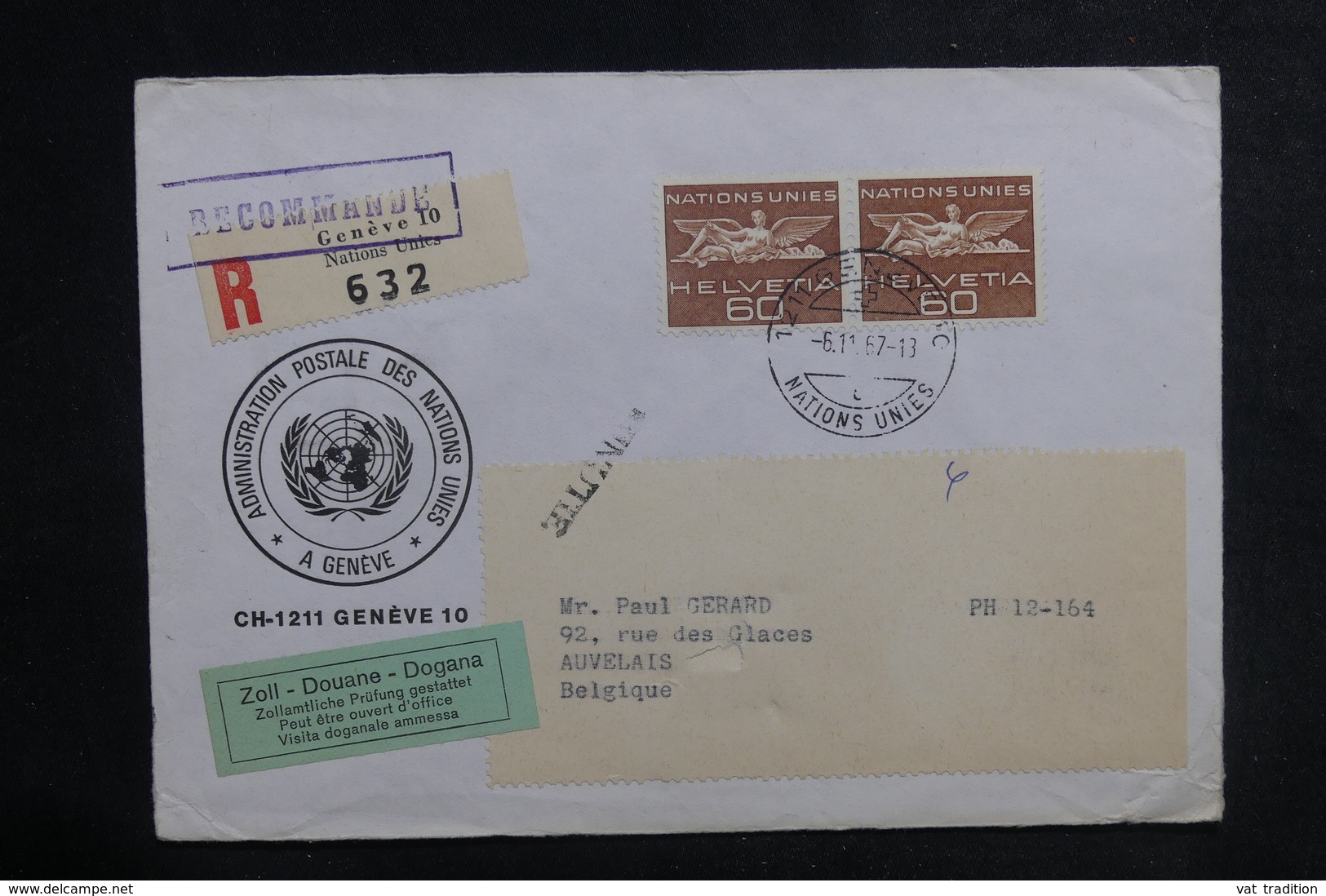 NATIONS UNIES - Enveloppe En Recommandé De Genève Pour La Belgique En 1967 - L 38726 - Brieven En Documenten
