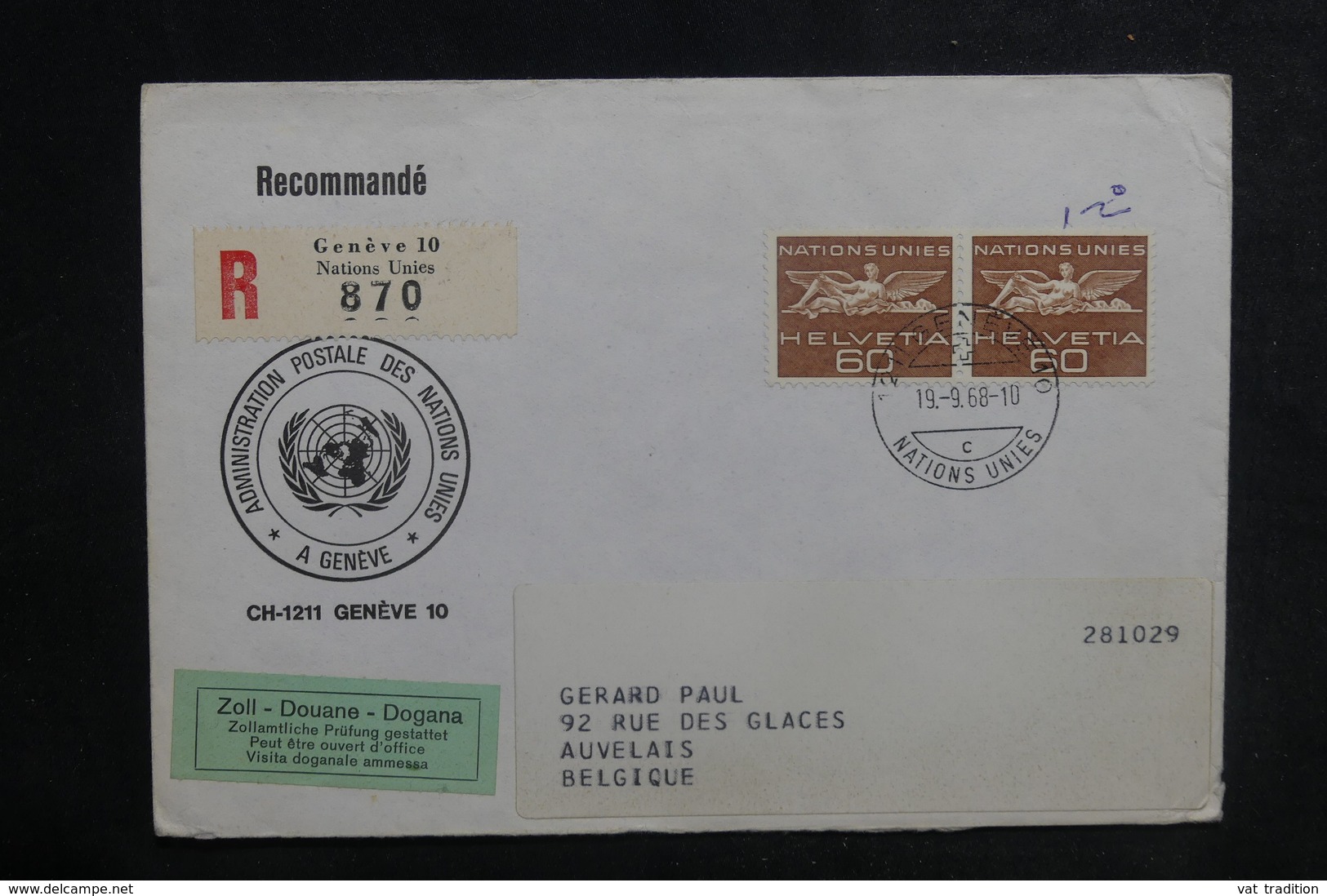 NATIONS UNIES - Enveloppe En Recommandé De Genève Pour La Belgique En 1968 - L 38728 - Storia Postale